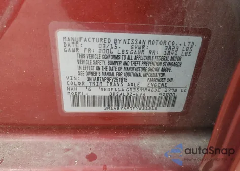 2015 Nissan Sentra S from USA, damaged, VIN 3N1AB7AP9FY251815